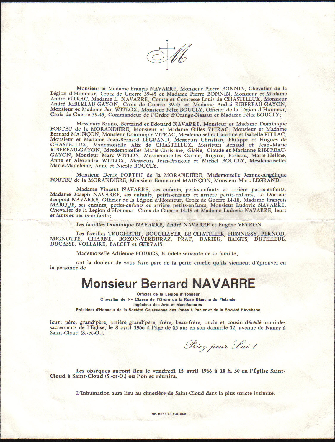 1966 faire part de deces Bernard N